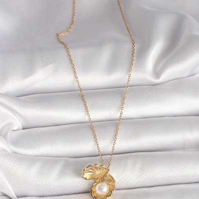 316L Çelik Gold Renk Zincir Açılır İncili Midye Model Kadın Kolye