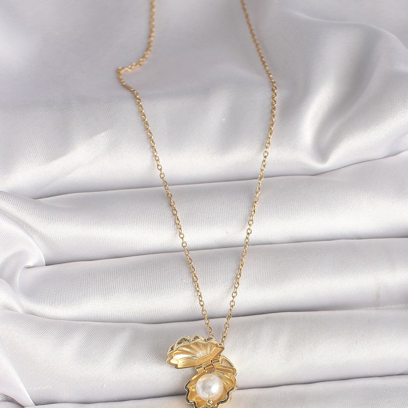 316L Çelik Gold Renk Zincir Açılır İncili Midye Model Kadın Kolye