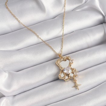 316L Çelik Gold Renk Zincir Ayna Ayıcık Model Zirkon Taşlı Kalp Model Kadın Kolye