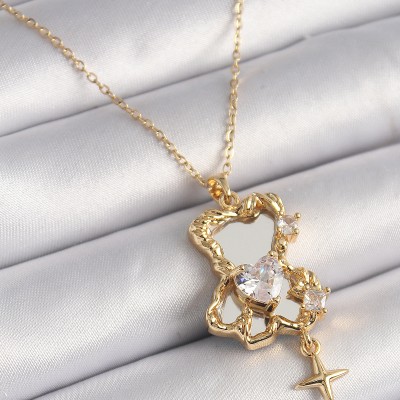 316L Çelik Gold Renk Zincir Ayna Ayıcık Model Zirkon Taşlı Kalp Model Kadın Kolye