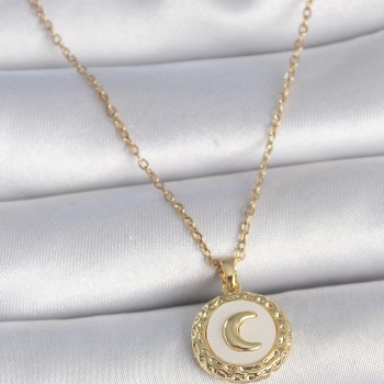 316L Çelik Gold Renk Zincir Beyaz Mineli Hilal İşlemeli Madalyon Model Kadın Kolye