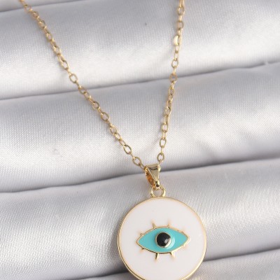 316L Çelik Gold Renk Zincir Beyaz Mineli Turkuaz Göz İşleme Model Kadın Kolye