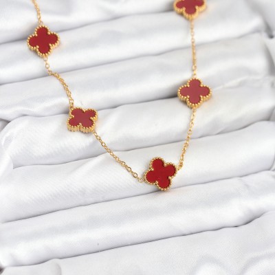 316L Çelik Gold Renk Zincir Bordo Yonca Kadın Kolye