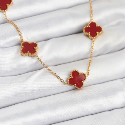 316L Çelik Gold Renk Zincir Bordo Yonca Kadın Kolye