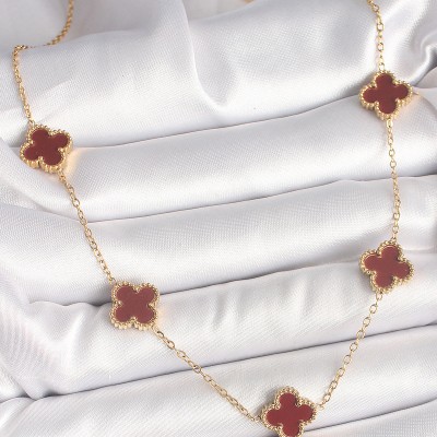 316L Çelik Gold Renk Zincir Bordo Yonca Model Kadın Kolye