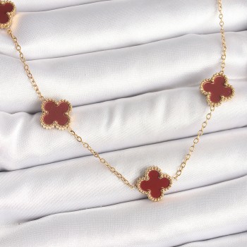 316L Çelik Gold Renk Zincir Bordo Yonca Model Kadın Kolye