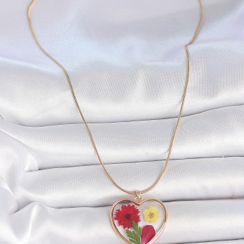 316L Çelik Gold Renk Zincir Epokis Kalp Doğal Çiçek Model Kadın Kolye