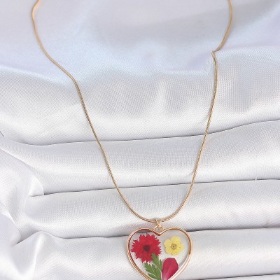 316L Çelik Gold Renk Zincir Epokis Kalp Doğal Çiçek Model Kadın Kolye