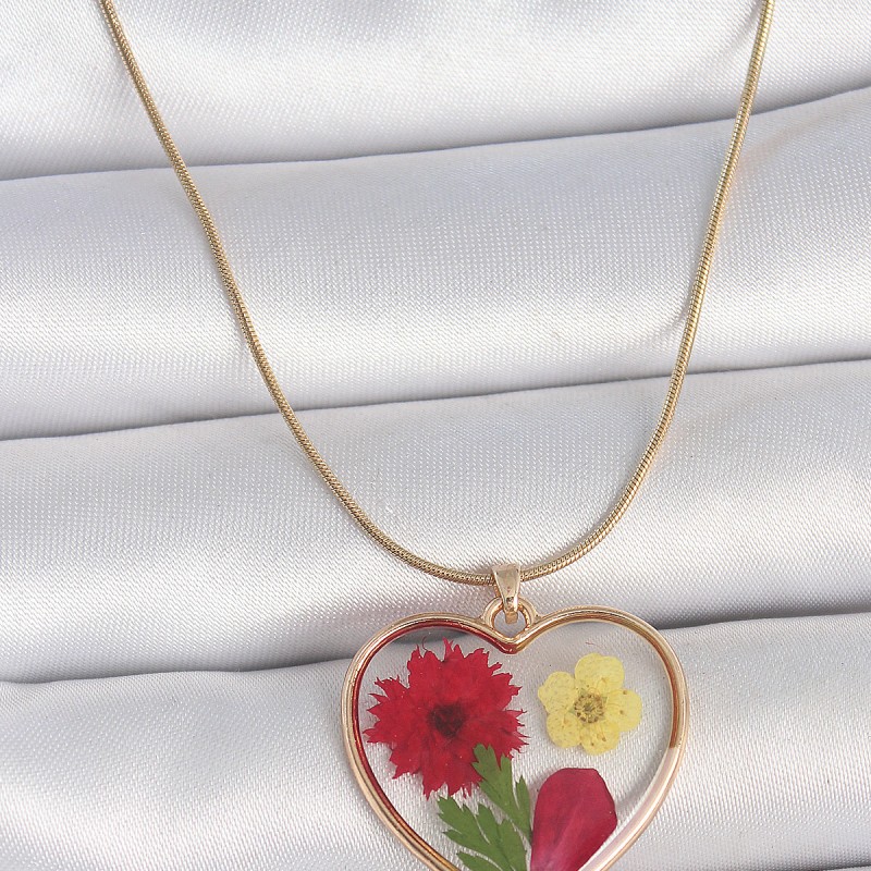 316L Çelik Gold Renk Zincir Epokis Kalp Doğal Çiçek Model Kadın Kolye