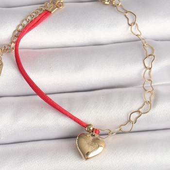 316L Çelik Gold Renk Zincir Kırmızı İp Model Sallantı Kalp Figür İşleme Detaylı Kadın Bileklik