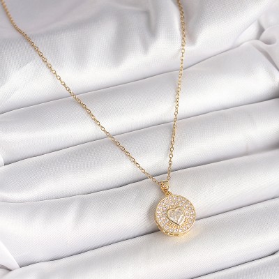 316L Çelik Gold Renk Zincir Madalyon Zirkon Taşlı Kalp Model Kadın Kolye