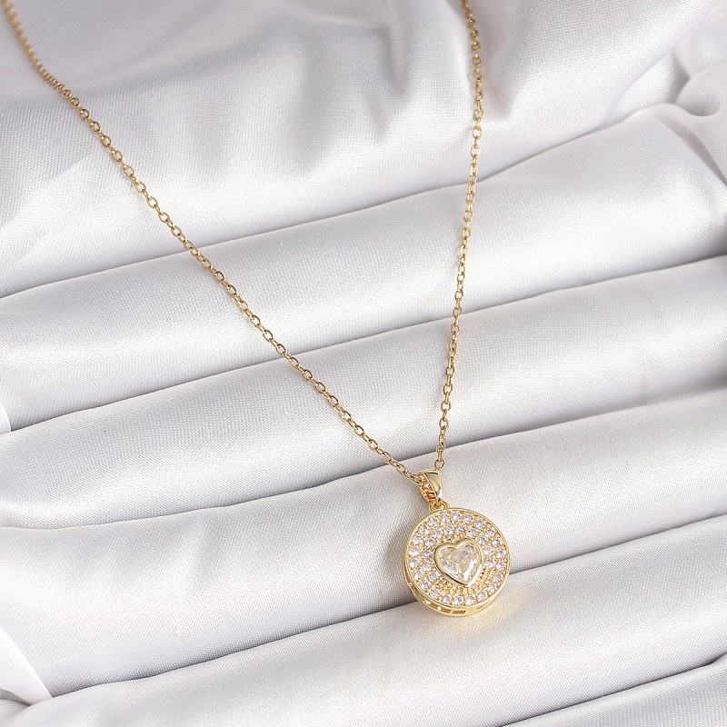 316L Çelik Gold Renk Zincir Madalyon Zirkon Taşlı Kalp Model Kadın Kolye