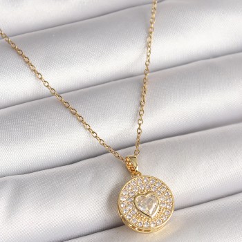 316L Çelik Gold Renk Zincir Madalyon Zirkon Taşlı Kalp Model Kadın Kolye