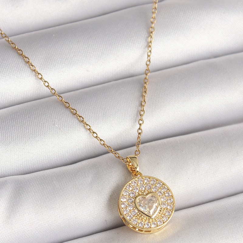316L Çelik Gold Renk Zincir Madalyon Zirkon Taşlı Kalp Model Kadın Kolye