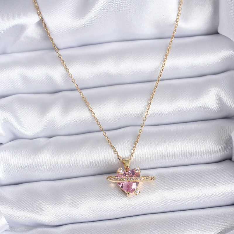 316L Çelik Gold Renk Zincir Pembe Kristal Kalp Model Zirkon Taş Detay Kadın Kolye