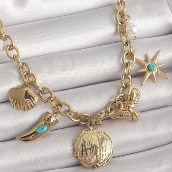 316L Çelik Gold Renk Zincir Sallantılı Çoklu Figür Model Kadın Kolye