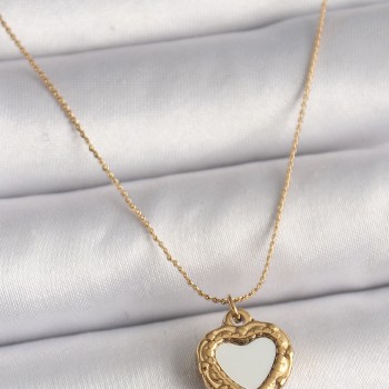 316L Çelik Gold Renk Zincir Sedefli Kalp Model Kadın Kolye