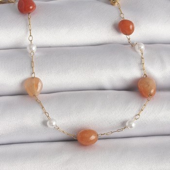 316L Çelik Gold Renk Zincir Turuncu Doğaltaş Model İnci Detay Kadın Bileklik