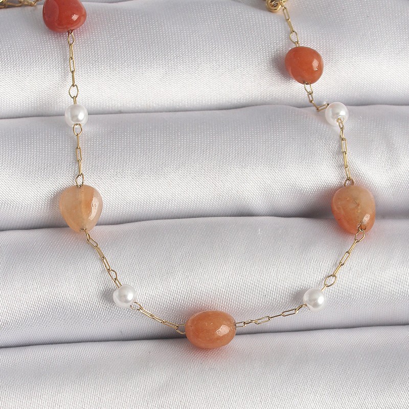 316L Çelik Gold Renk Zincir Turuncu Doğaltaş Model İnci Detay Kadın Bileklik