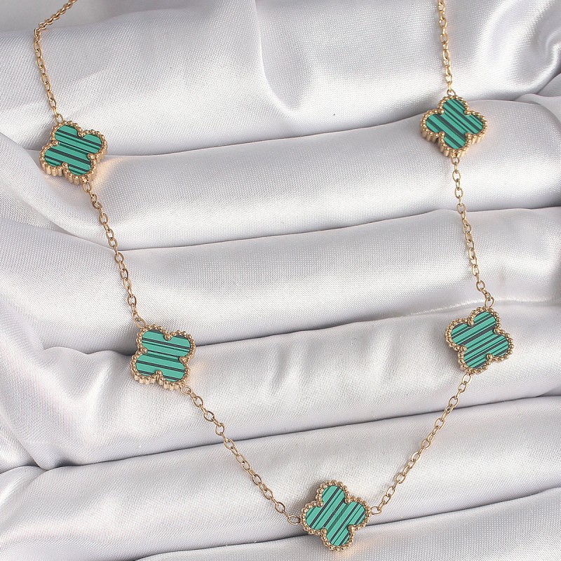 316L Çelik Gold Renk Zincir Yeşil Yonca Model Kadın Kolye