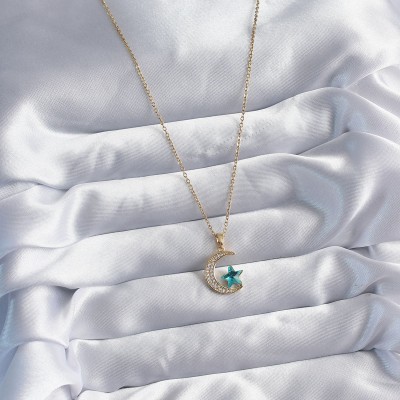 316L Çelik Gold Renk Zincir Zirkon Taş Detay Hilal Yıldızı Figür Kadın Kolye