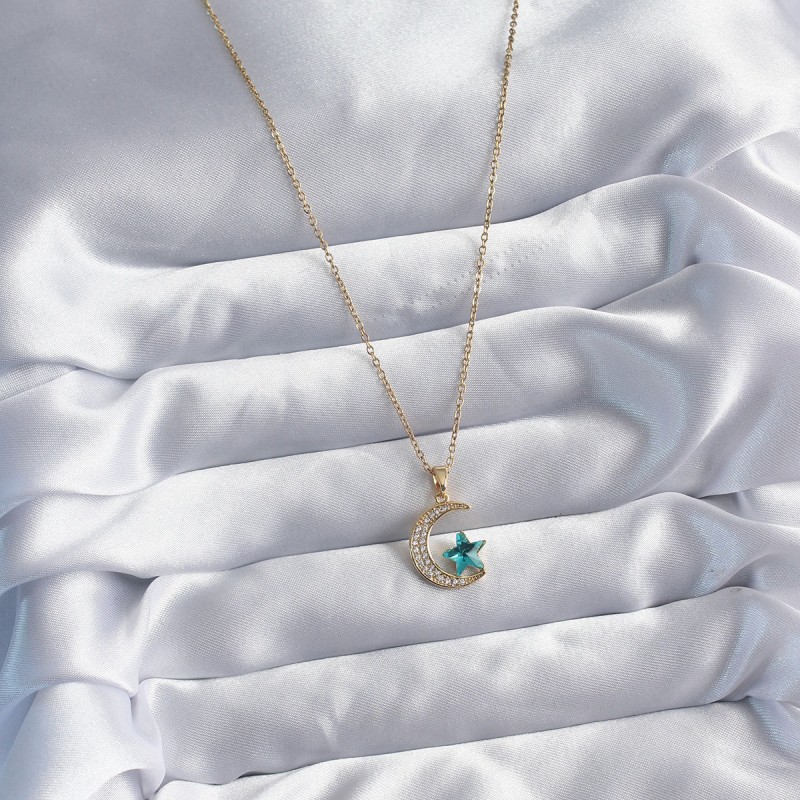 316L Çelik Gold Renk Zincir Zirkon Taş Detay Hilal Yıldızı Figür Kadın Kolye
