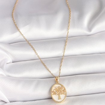 316L Çelik Gold Renk Zincir Zirkon Taş Detaylı Beyaz Mineli Ağaç İşlemeli Portre Model Kadın Kolye