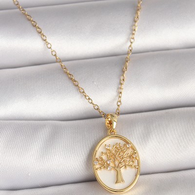 316L Çelik Gold Renk Zincir Zirkon Taş Detaylı Beyaz Mineli Ağaç İşlemeli Portre Model Kadın Kolye