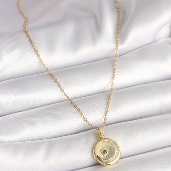 316L Çelik Gold Renk Zincir Zirkon Taş İşlemeli Hilal Yıldız İşlemeli Madalyon Model Kadın Kolye