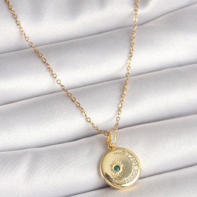 316L Çelik Gold Renk Zincir Zirkon Taş İşlemeli Hilal Yıldız İşlemeli Madalyon Model Kadın Kolye