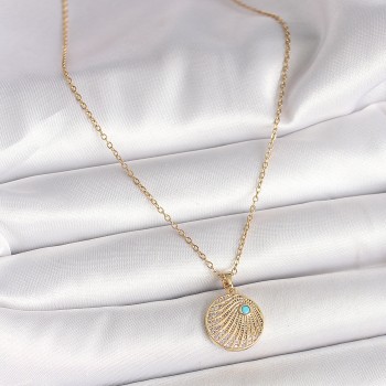 316L Çelik Gold Renk Zincir Zirkon Taş İşlemeli Mavi Taş Detaylı Madalyon Model Kadın Kolye