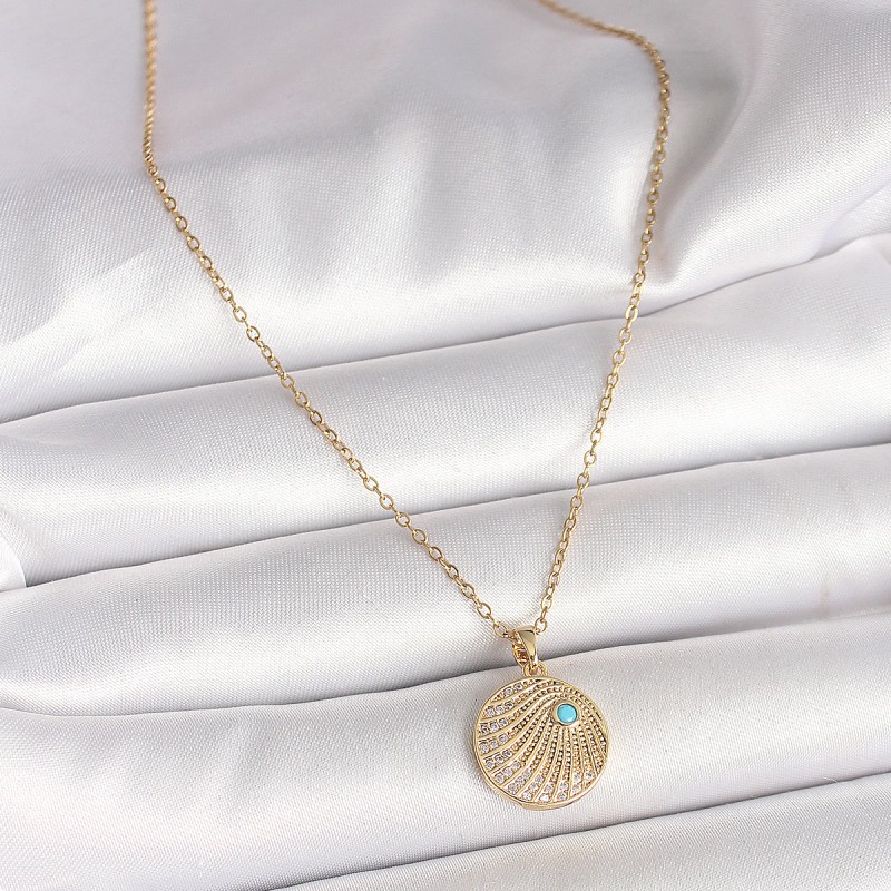 316L Çelik Gold Renk Zincir Zirkon Taş İşlemeli Mavi Taş Detaylı Madalyon Model Kadın Kolye