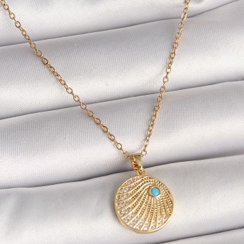 316L Çelik Gold Renk Zincir Zirkon Taş İşlemeli Mavi Taş Detaylı Madalyon Model Kadın Kolye