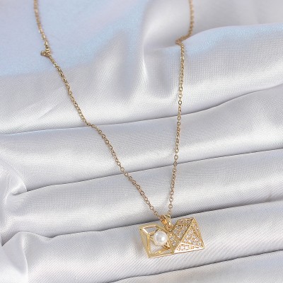 316L Çelik Gold Renk Zincir Zirkon Taşlı Açılır İncili Elmas Model Kadın Kolye