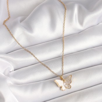 316L Çelik Gold Renk Zincir Zirkon Taşlı Beyaz Mineli Kelebek Model Kadın Kolye