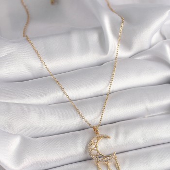 316L Çelik Gold Renk Zincir Zirkon Taşlı Hilal Model Sallantı Yaprak Detay Kadın Kolye