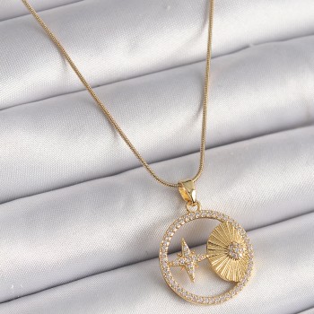 316L Çelik Gold Renk Zincir Zirkon Taşlı Yıldız İşleme Madalyon Model Kadın Kolye