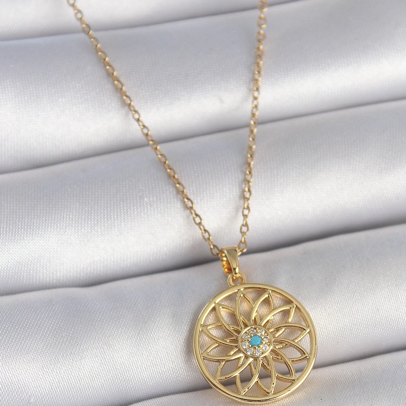 316L Çelik Gold Renk Zincr Mavi Taşlı Lotus Model Kadın Kolye