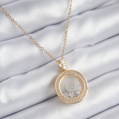 316L Çelik Gold Renk Zirkon Taş Detay Ay Yıldız Fanus Model Kadın Kolye