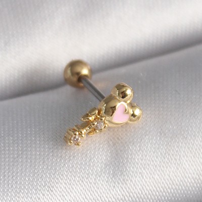 316L Çelik Gold Renk Zirkon Taş Detay Pembe Kalp İşleme Tragus Piercing
