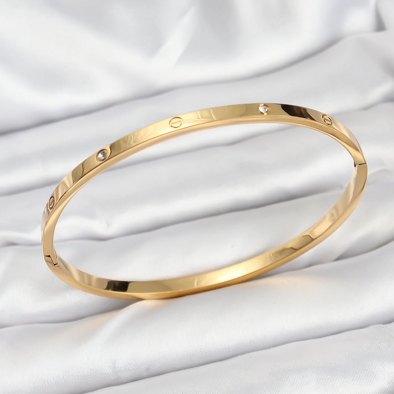 316L Çelik Gold Renk Zirkon Taşlı 65 mm İnce Kadın Kelepçe Bileklik