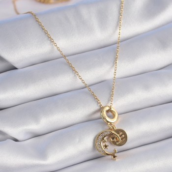 316L Çelik Gold Renk Zirkon Taşlı Ay Yıldız  Model Charm Model Kadın Kolye