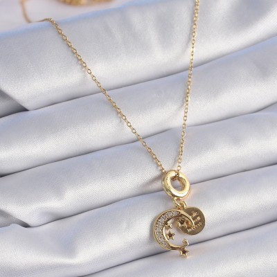 316L Çelik Gold Renk Zirkon Taşlı Ay Yıldız  Model Charm Model Kadın Kolye