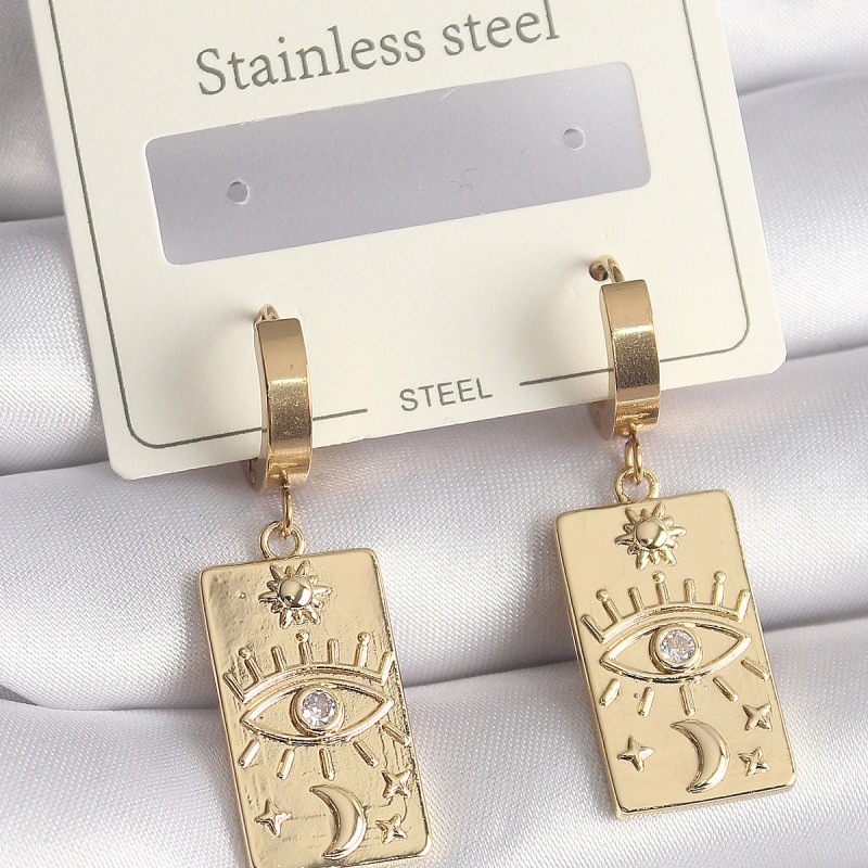 316L Çelik Gold Renk Zirkon Taşlı Göz İşleme Detay Plaka Model Kadın Küpe