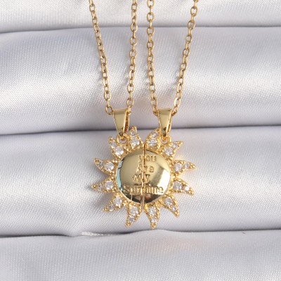 316L Çelik Gold Renk Zirkon Taşlı Güneş Model İşleme Yazı Detay Arkadaş Kolyesi