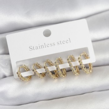 316L Çelik Gold Renk Zirkon Taşlı Halka Model Kadın Küpe Seti