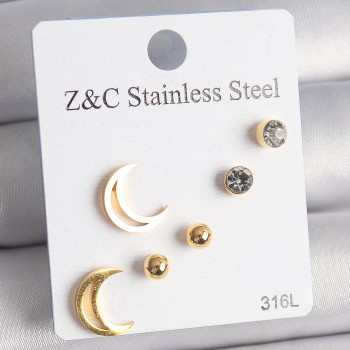 316L Çelik Gold Renk Zirkon Taşlı Hilal Model Kadın Küpe Seti