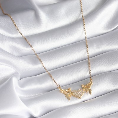 316L Çelik Gold Renk Zirkon Taşlı Kanatlı Kalp Model Kadın Kolye