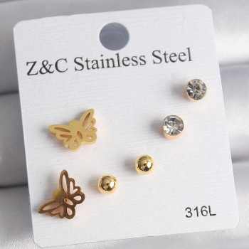 316L Çelik Gold Renk Zirkon Taşlı Kelebek Figür Kadın Küpe Seti