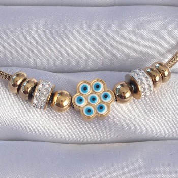 316L Çelik Gold Renk Zirkon Taşlı Nazarlı Çiçek Tasarımlı Bileklik